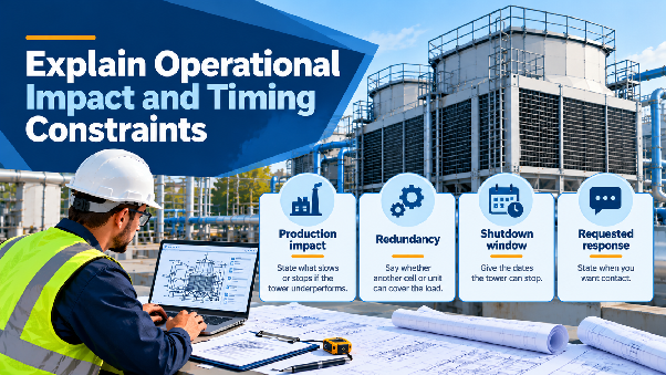 Worker with a laptop and drawings at a cooling tower, beside four icons: production impact, redundancy, shutdown window and requested response