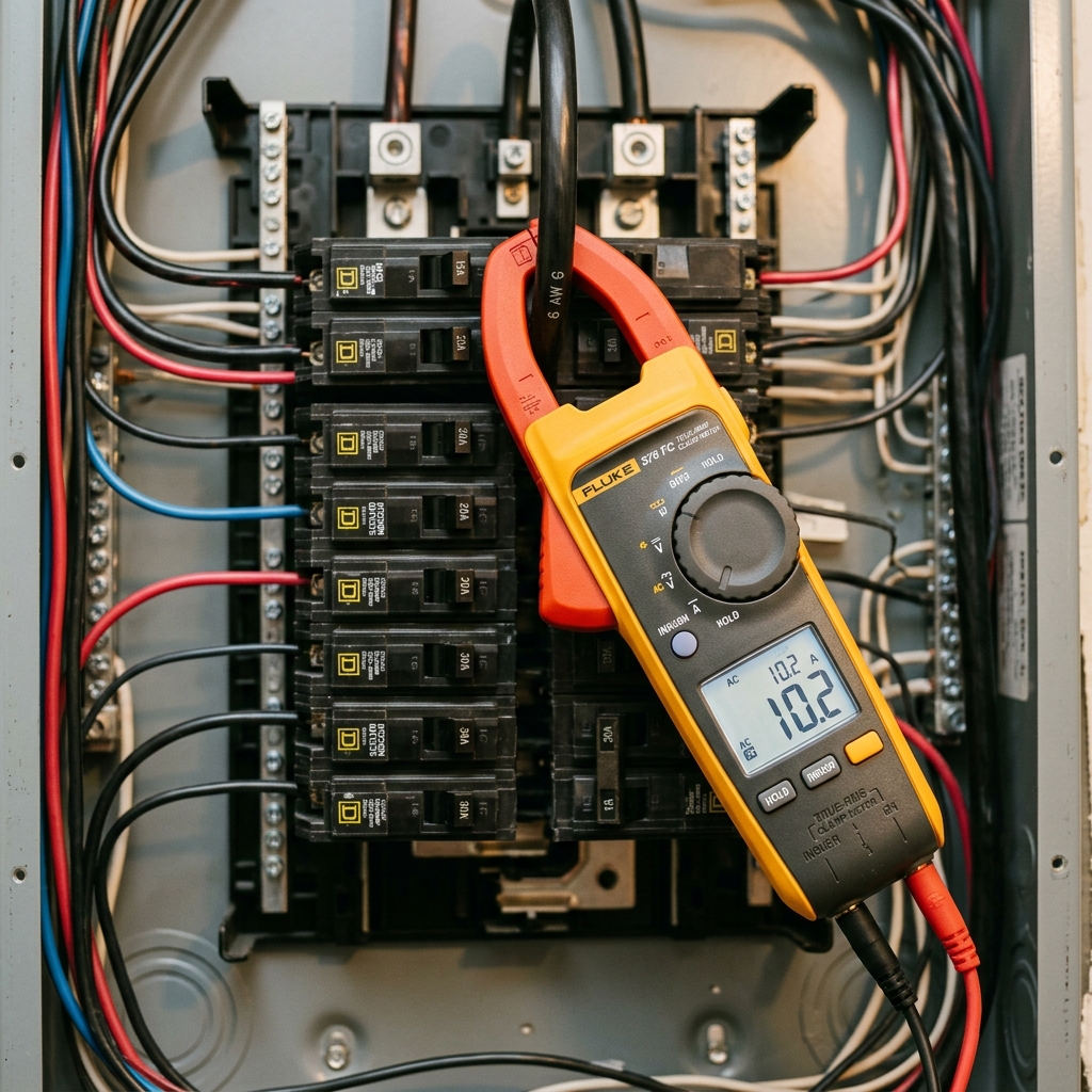 What is electric current — clamp meter measuring amps on a copper wire inside a residential electrical panel