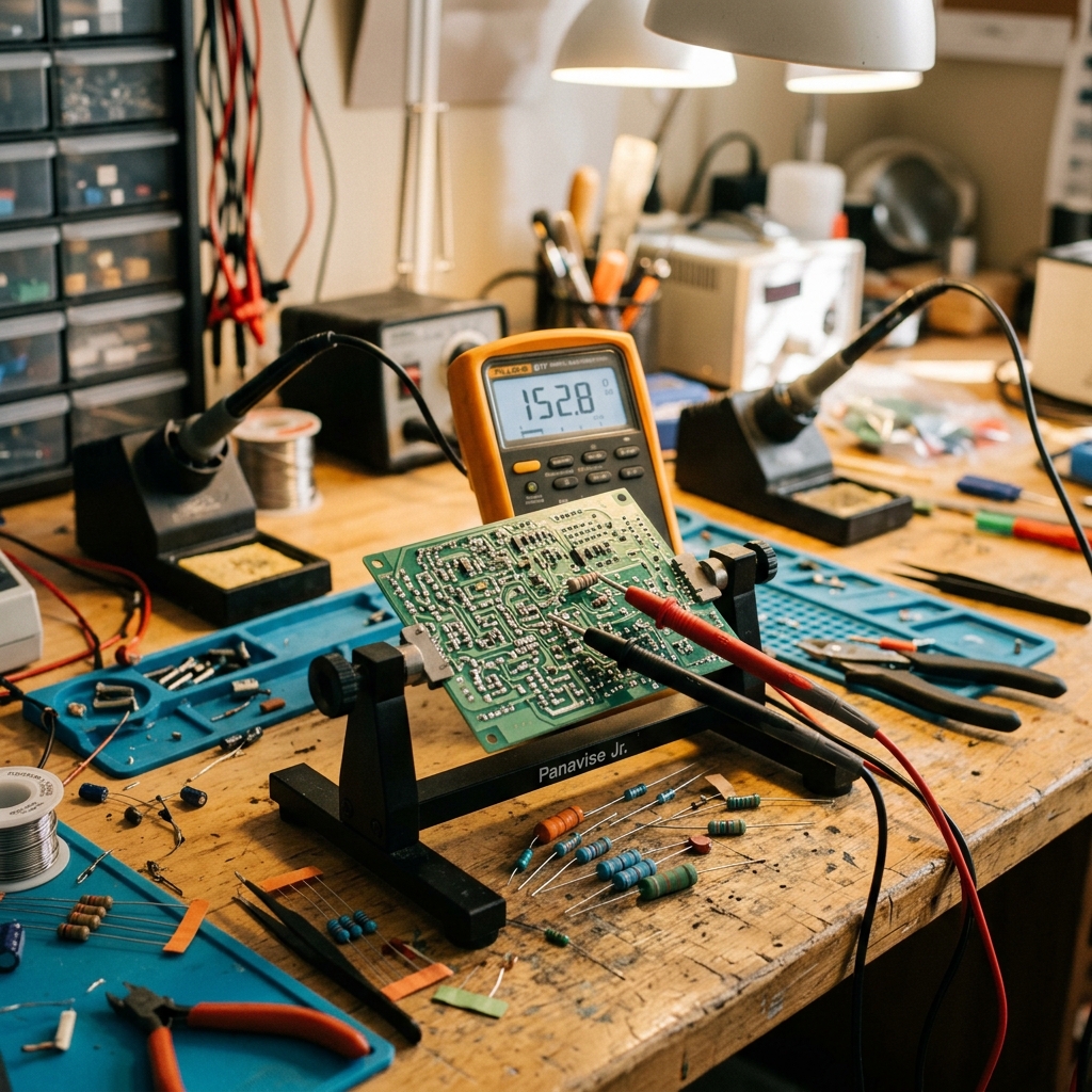 What is electrical resistance — multimeter measuring ohms on a circuit board with colorful resistors on an electronics workbench